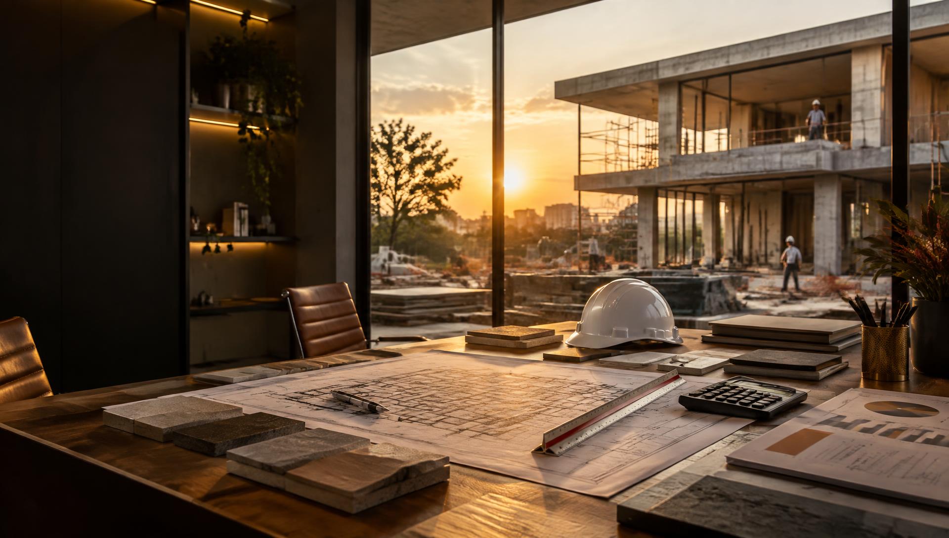 Escritório de arquitetura diante de uma construção contemporânea, com projetos e materiais de gestão